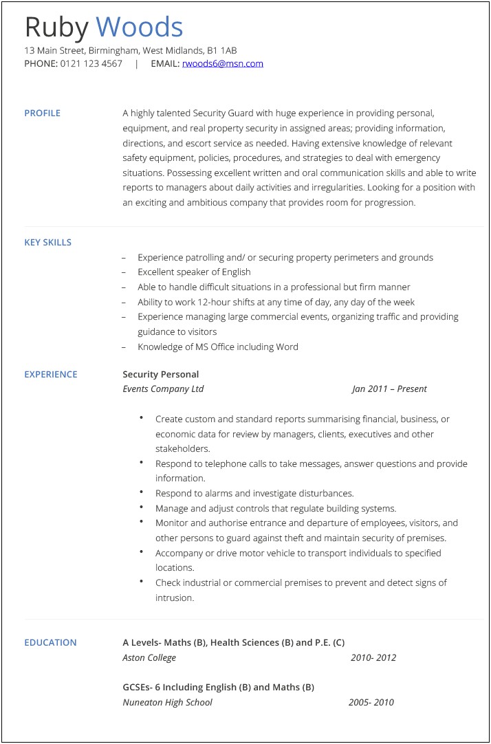 Resume Examples For Security Guard No Experience