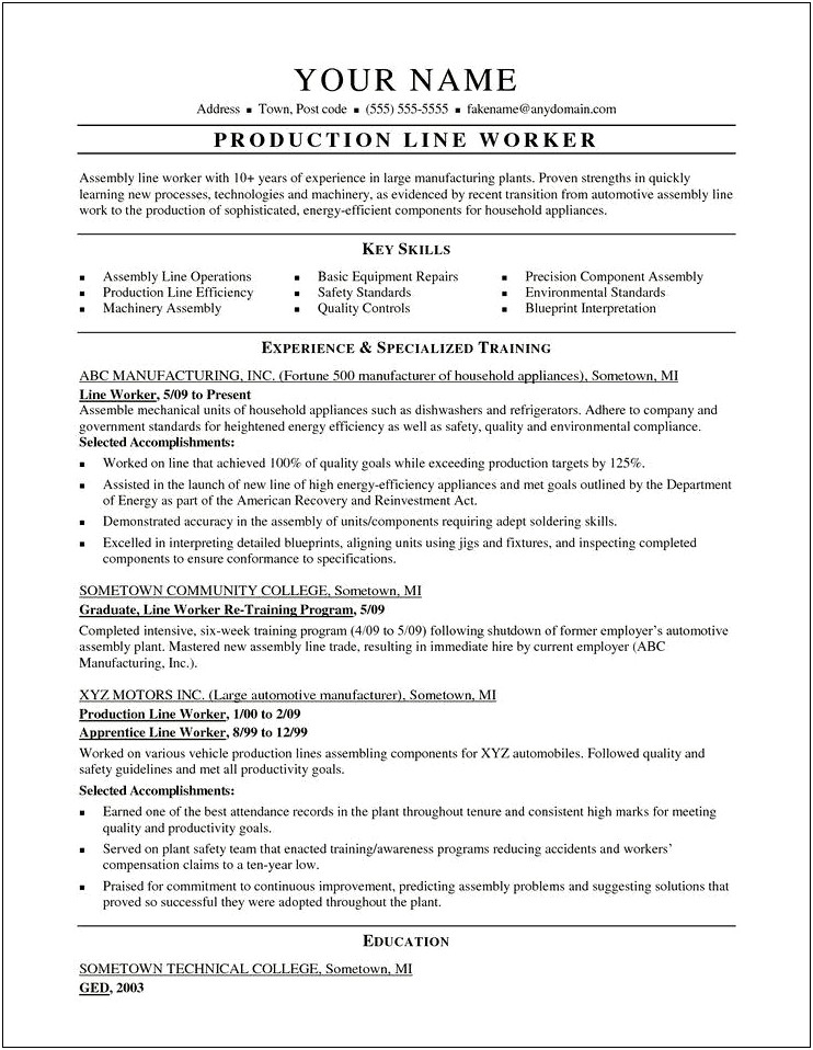 Resume Examples For Skillsassembly Worker