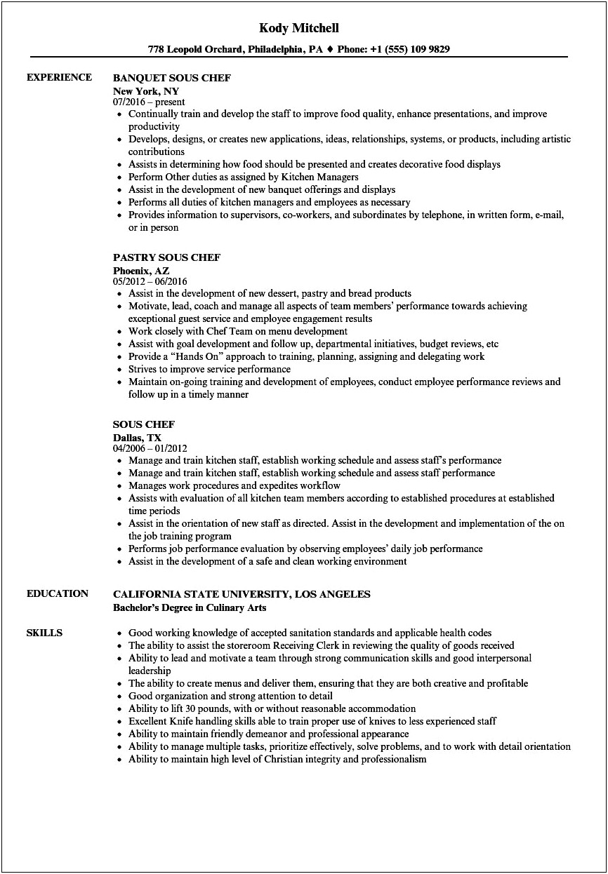 Resume Examples For Sous Chefs