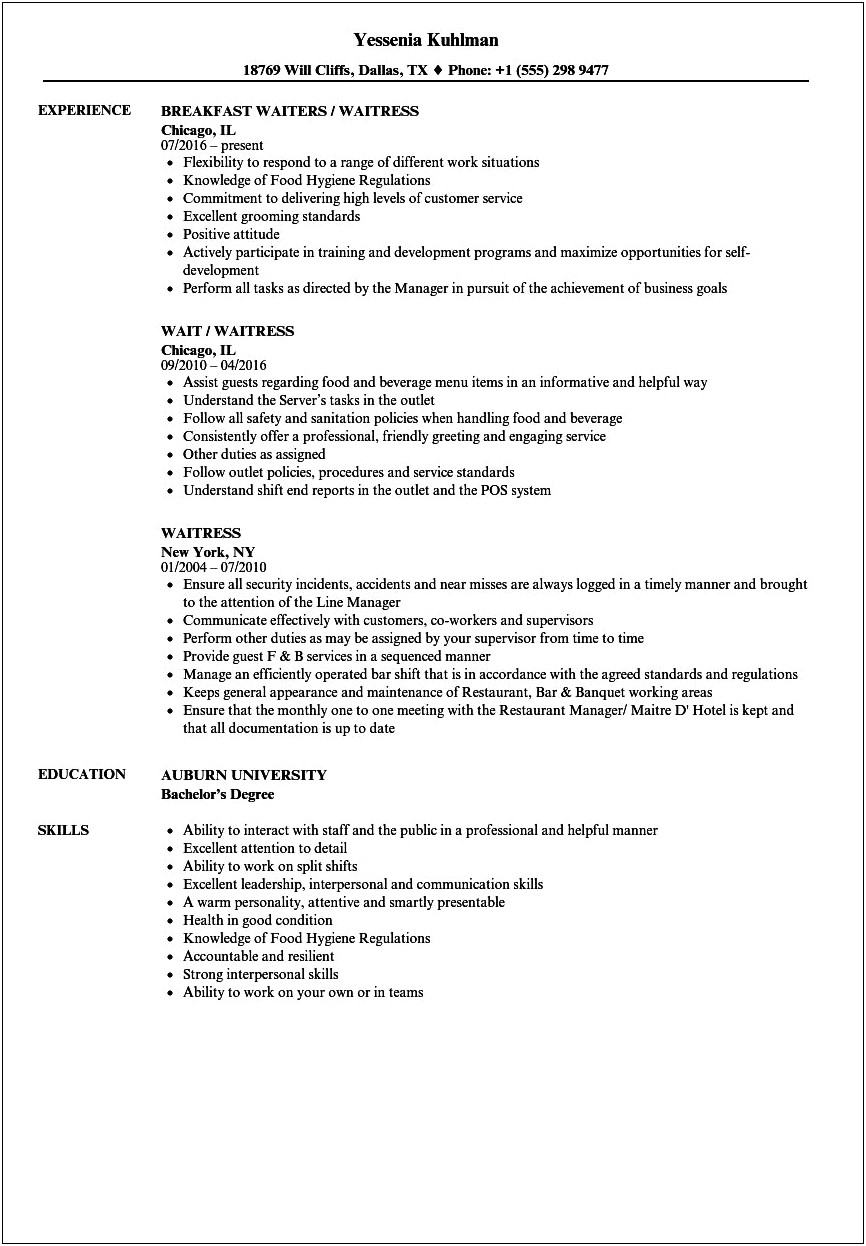 Resume Examples For Students Template Download Free Waitress