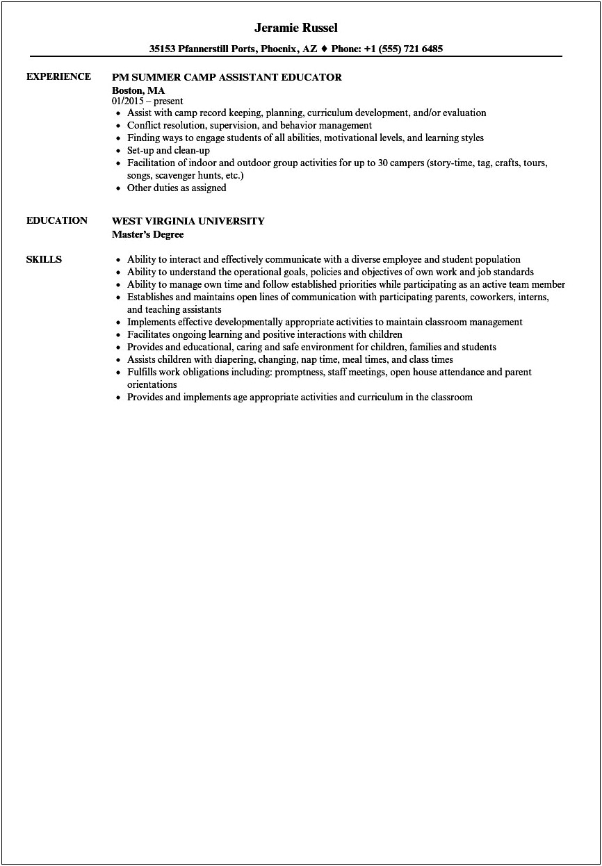 Resume Examples For Summer Camp