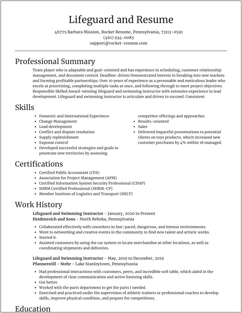 Resume Examples For Swimming Instructor