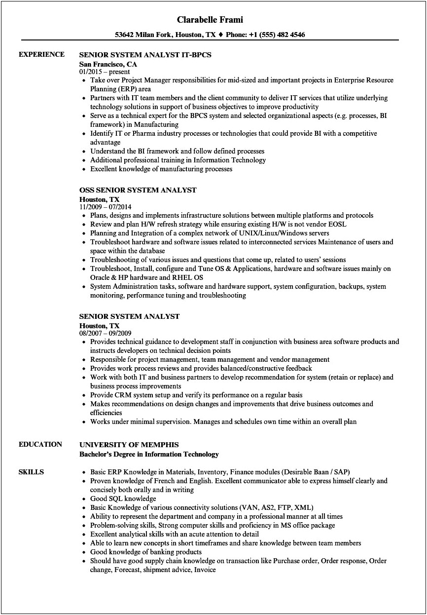 Resume Examples For Systems Analyst