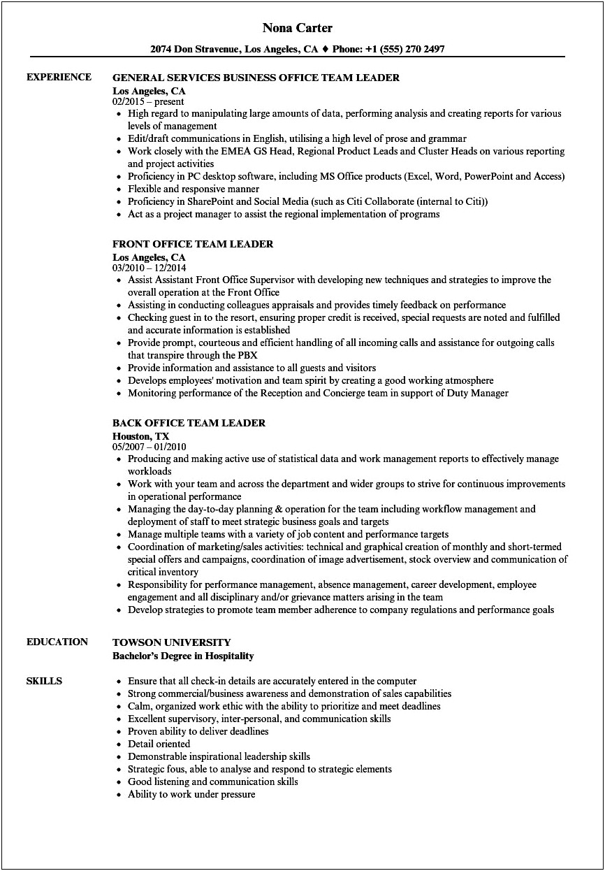 Resume Examples For Team Leader
