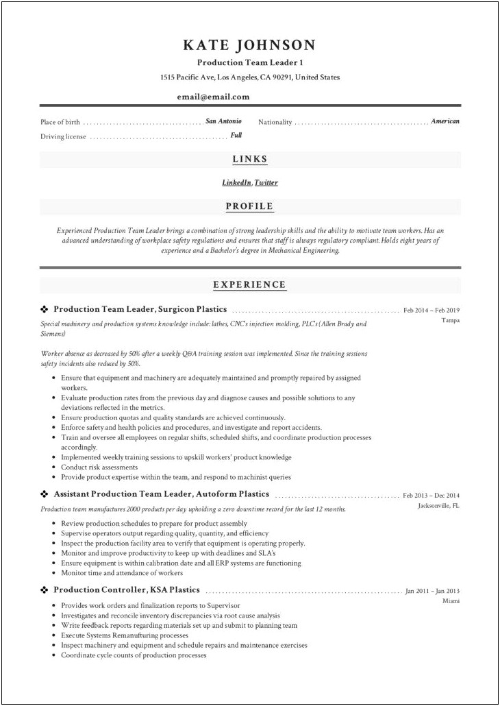 Resume Examples For Team Leaders