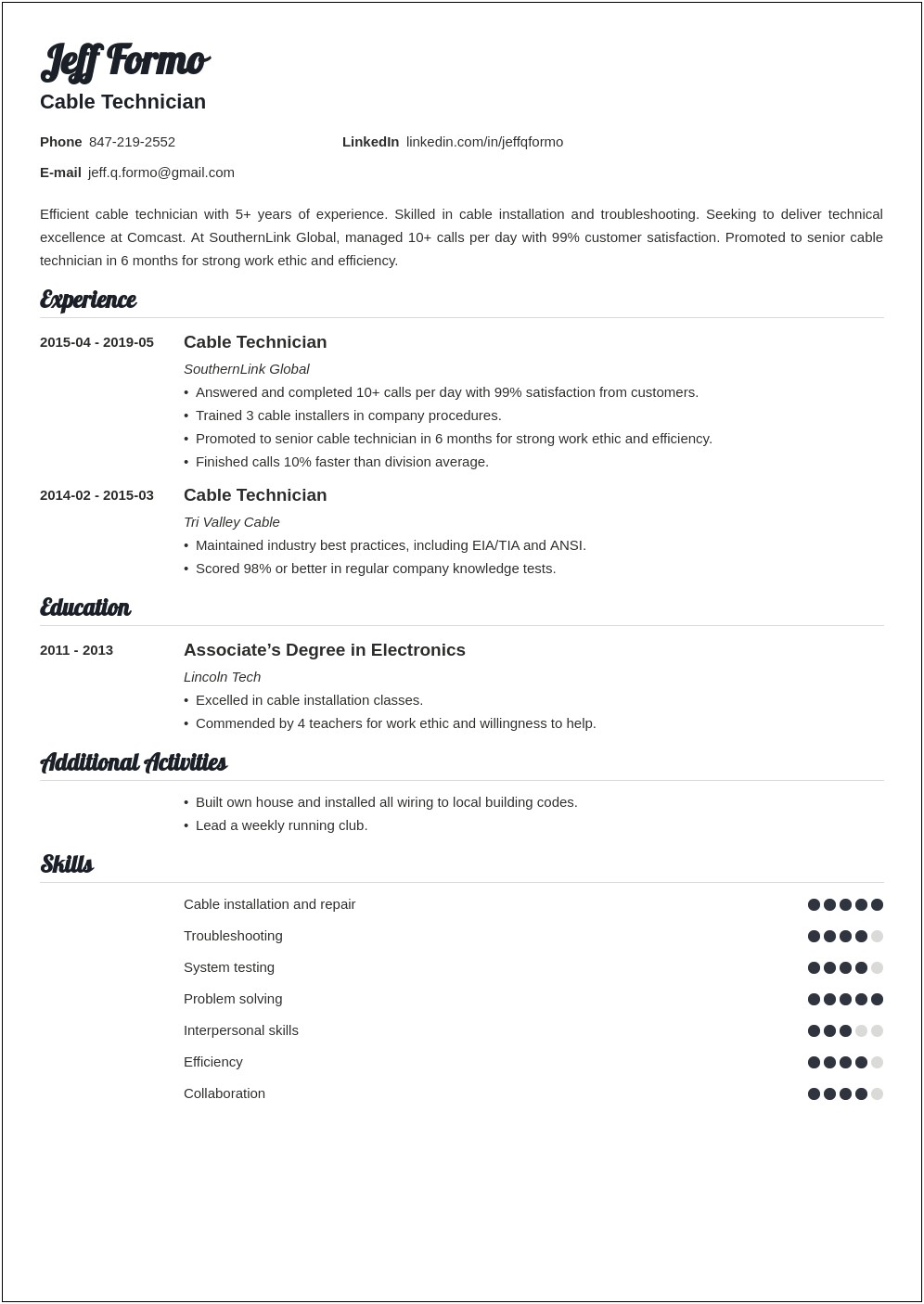 Resume Examples For Telecommunications Installer