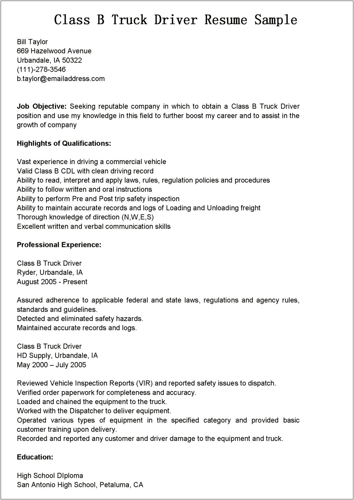 Resume Examples For Tow Trucks