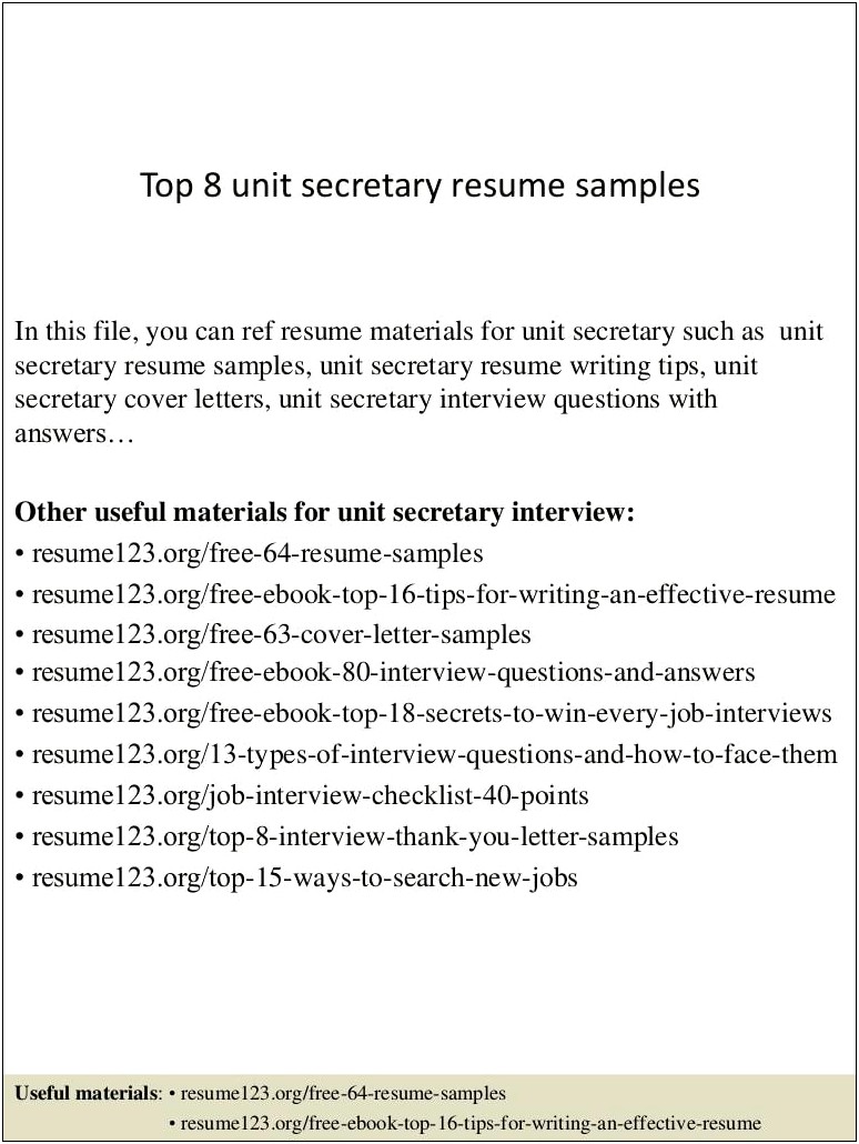 Resume Examples For Unit Secretary