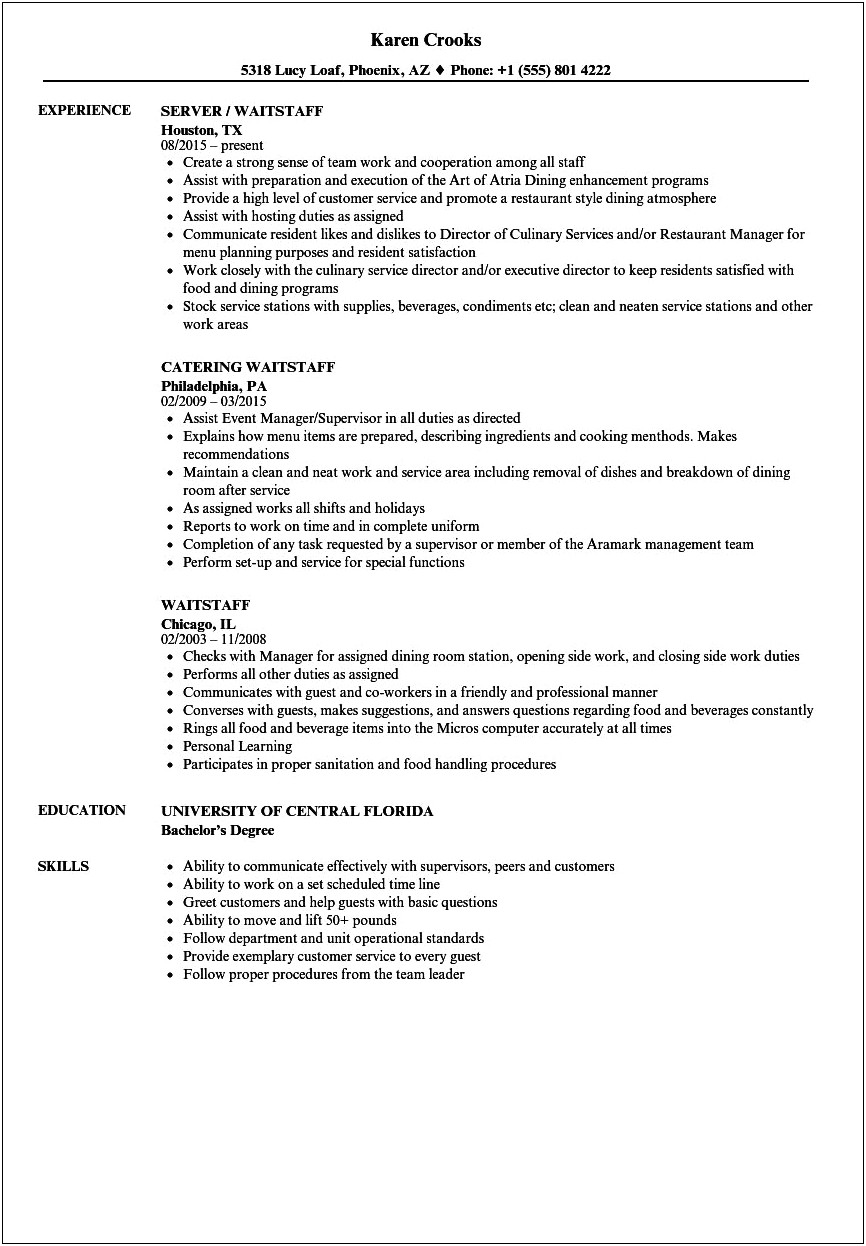 Resume Examples For Waiting Staff