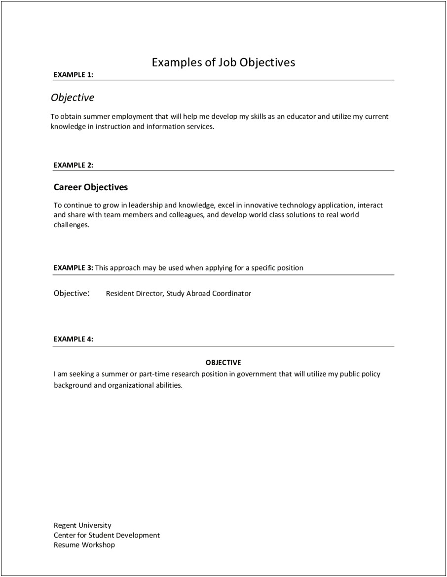 Resume Examples For Work Objectives
