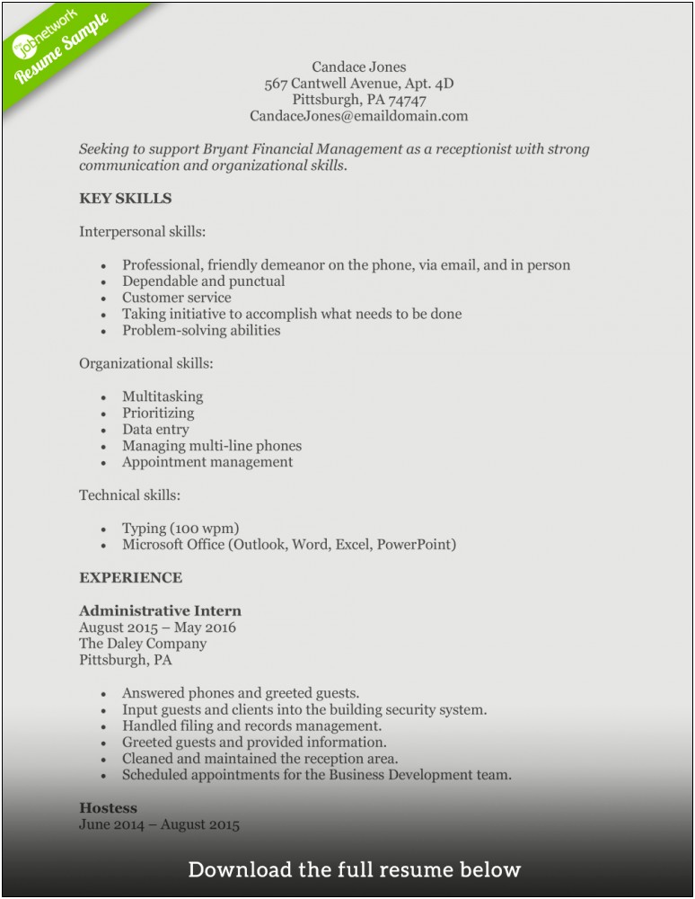 Resume Examples Front Desk Receptionist