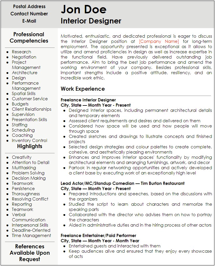 Resume Examples In English To Self Employed