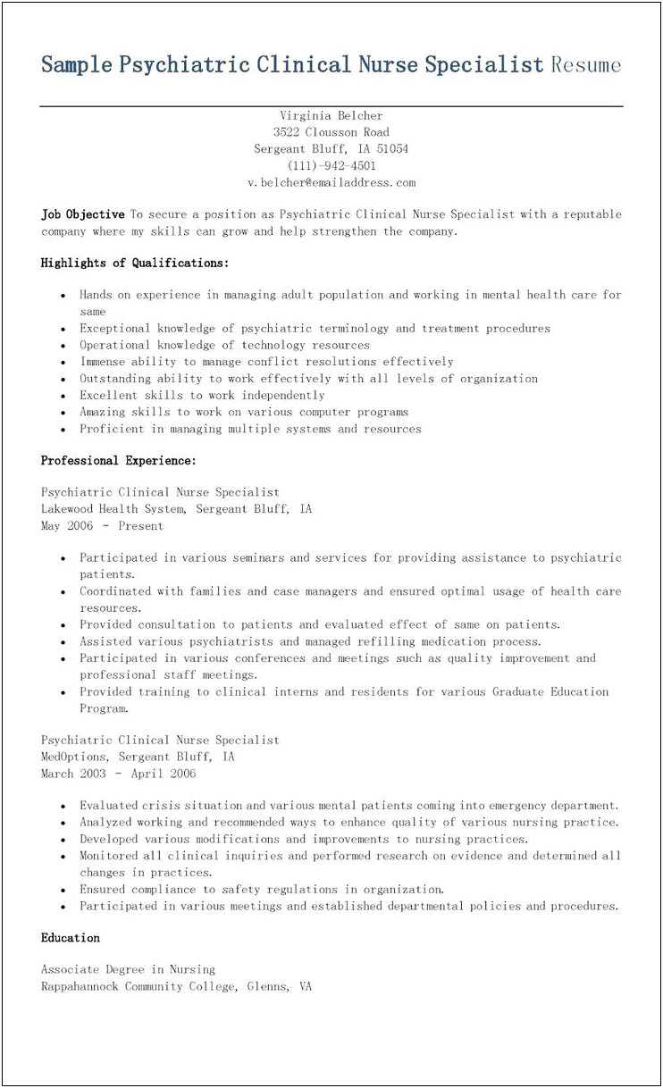 Resume Examples Mental Health Specialist