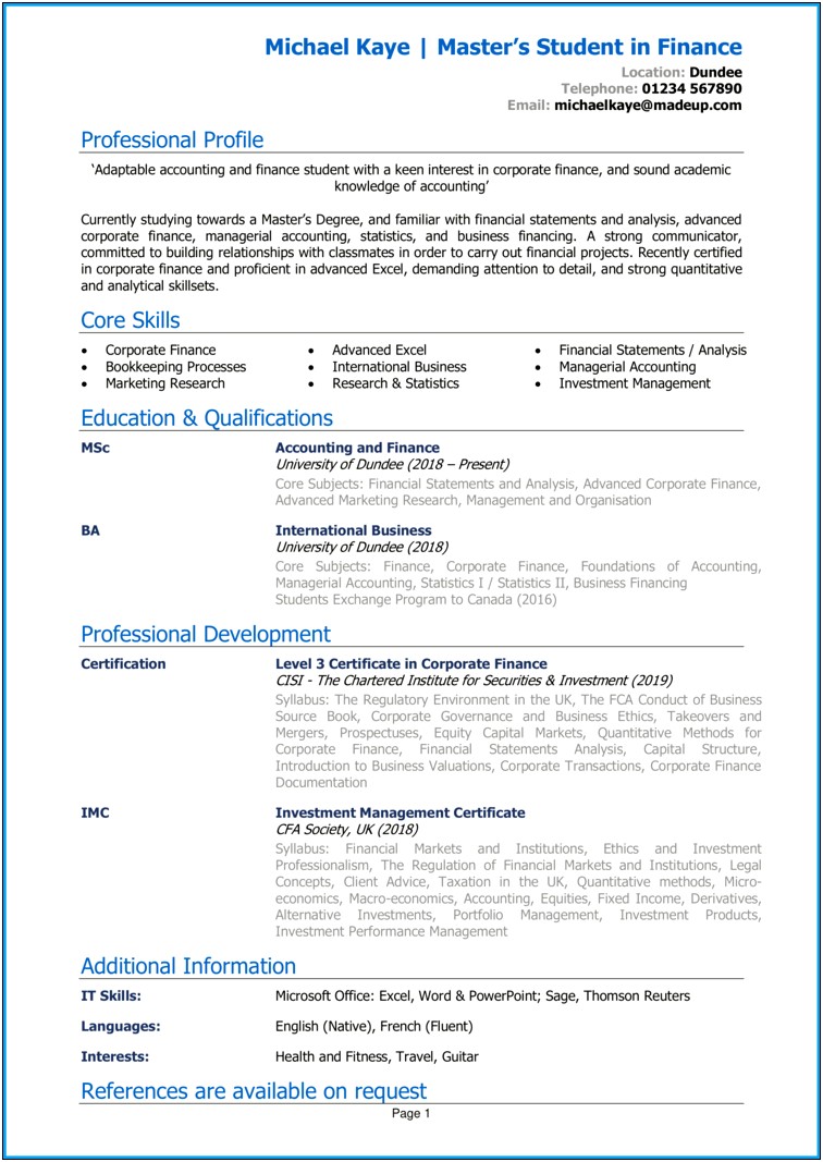 Resume Examples Of Students With Masters