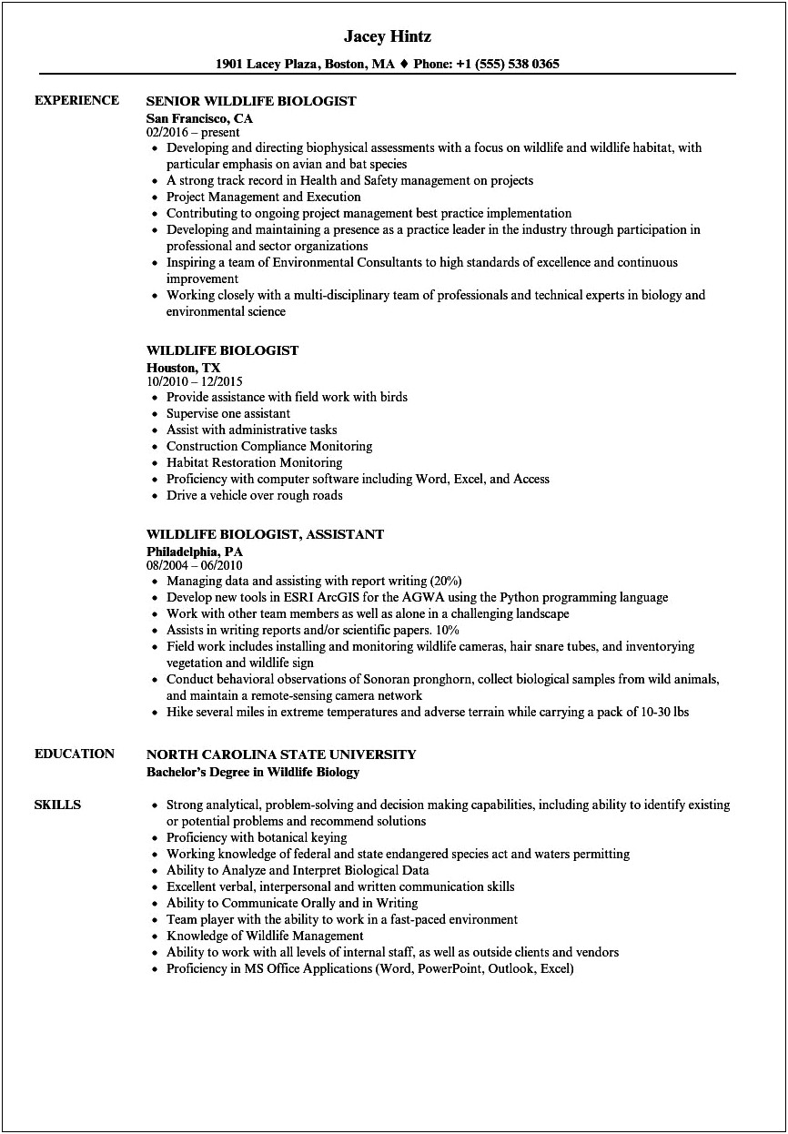 Resume Examples Of Wildlife Biologist Research