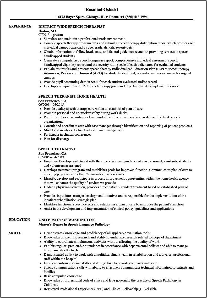 Resume Examples Ofr Slp Students