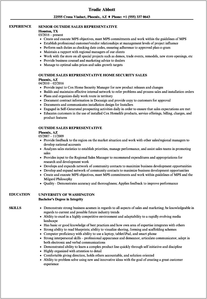 Resume Examples Outside Sales Summary