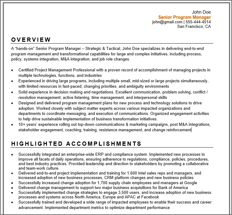 Resume Examples Project Manager 2019