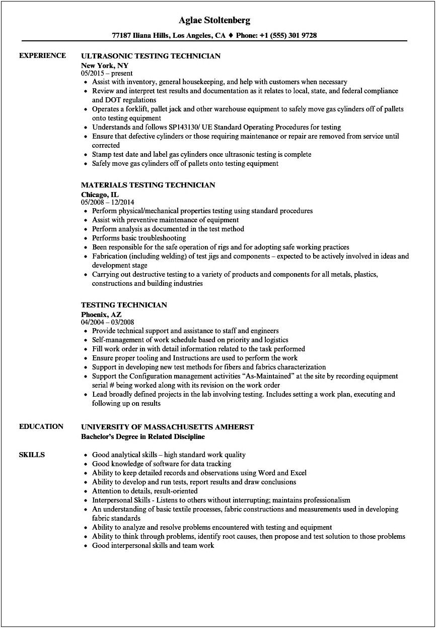 Resume Examples Quality Control Technician