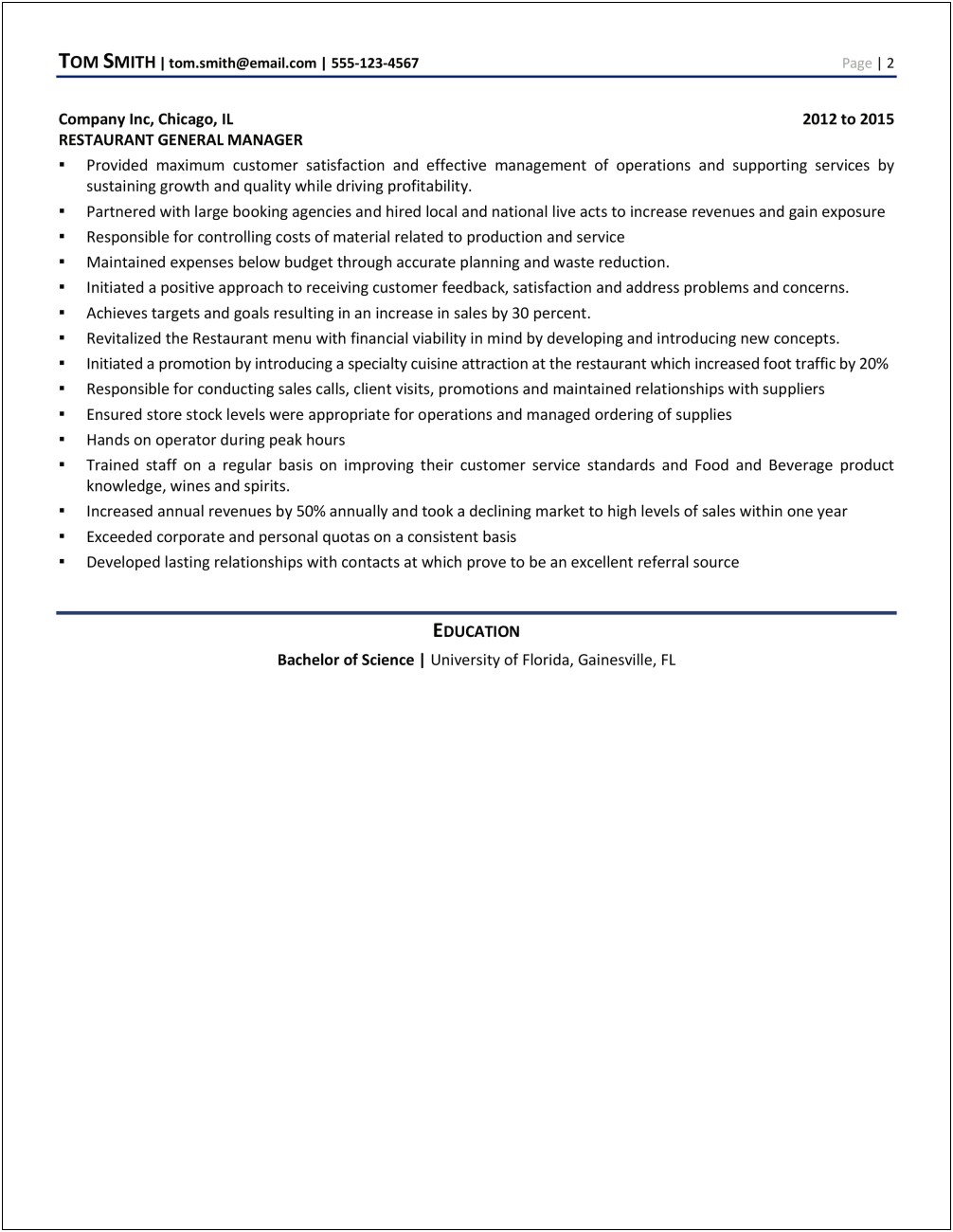 Resume Examples Restaurant General Manager
