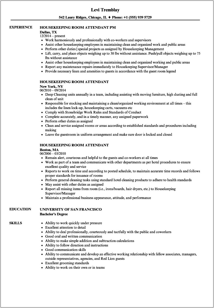 Resume Examples To A Hotel Room Service