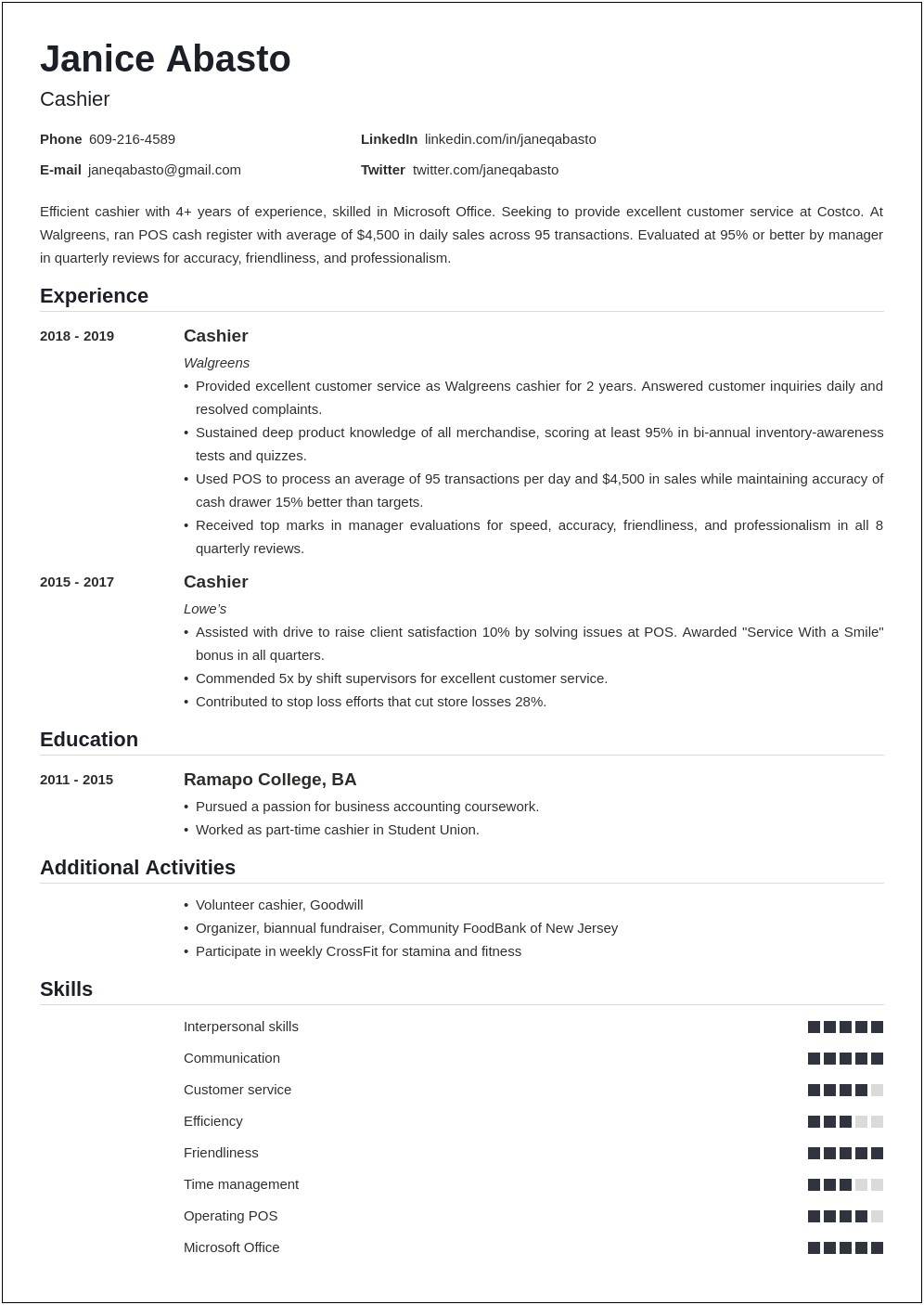 Resume Examples To Work As A Cashier