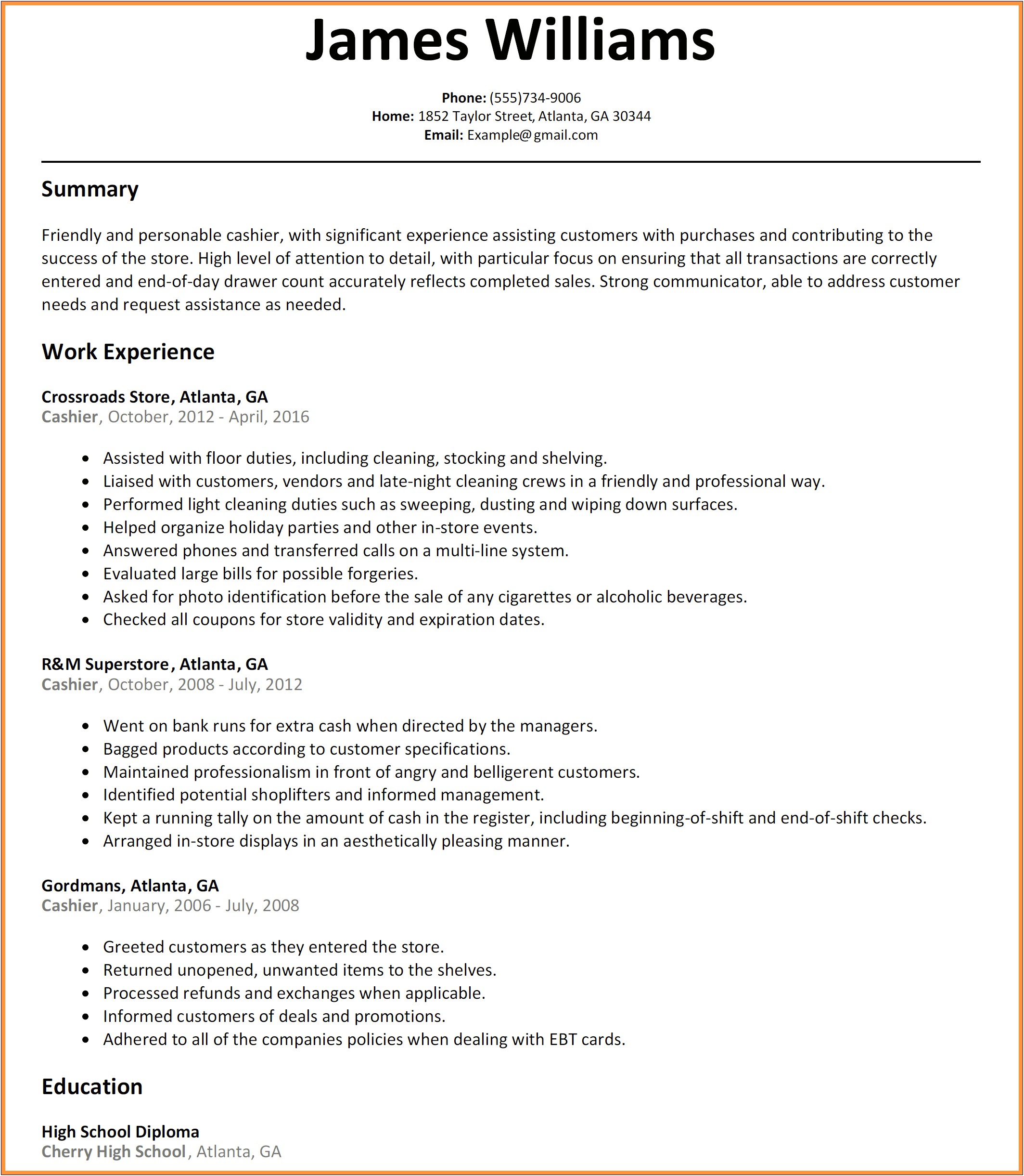Resume Examples With Cashier Experience