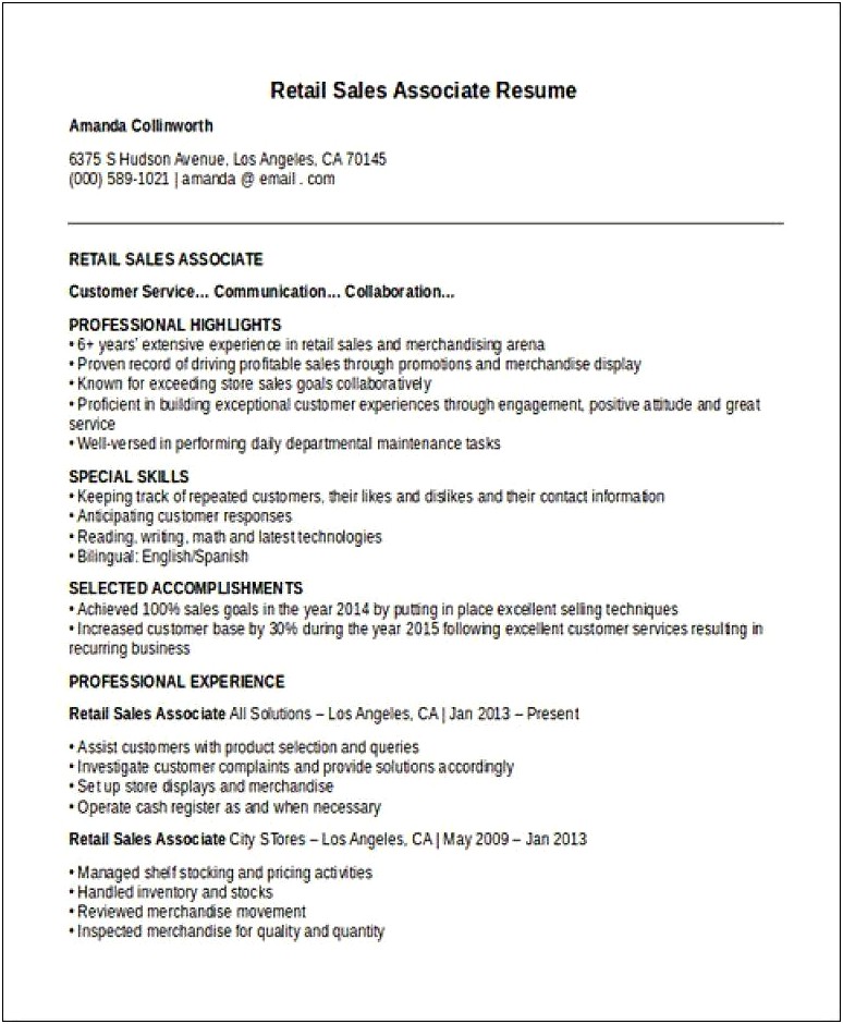 Resume Experience Example For Retail
