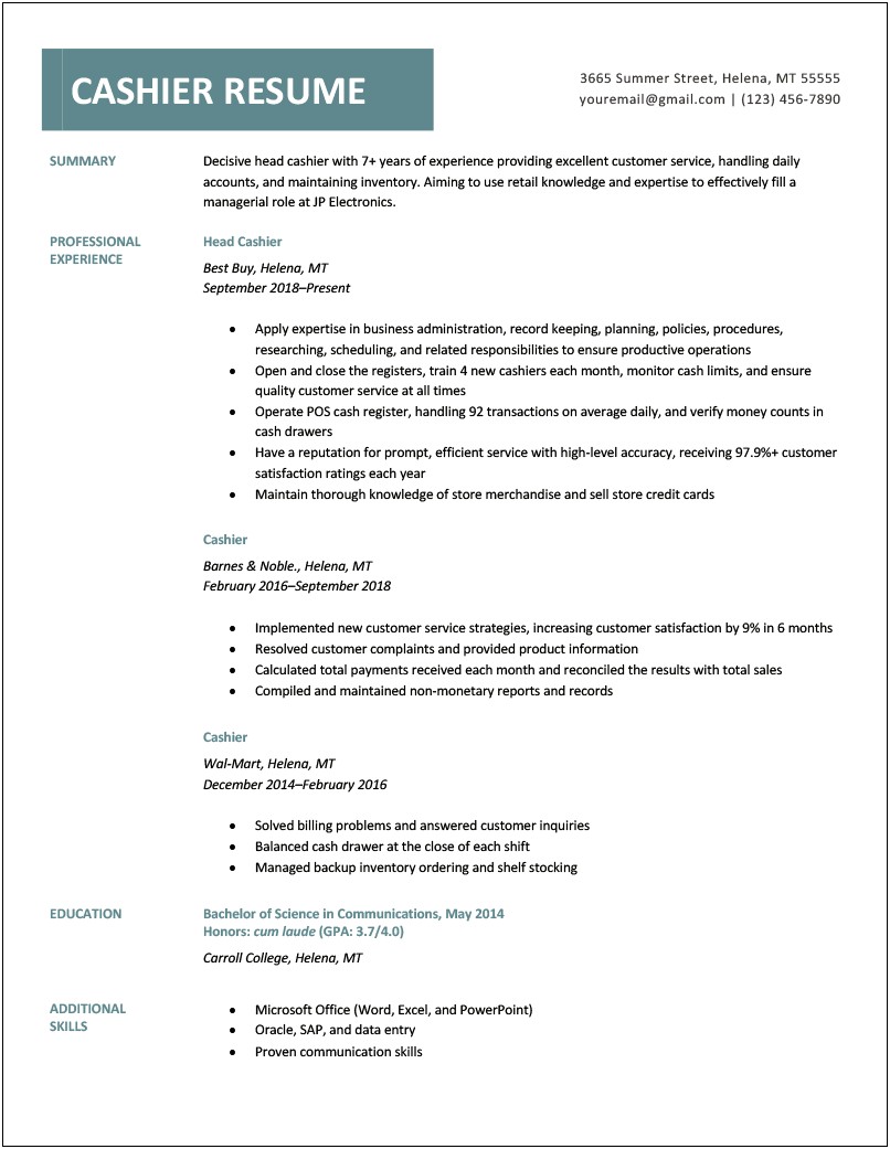 Resume Experience Examples For Cashier