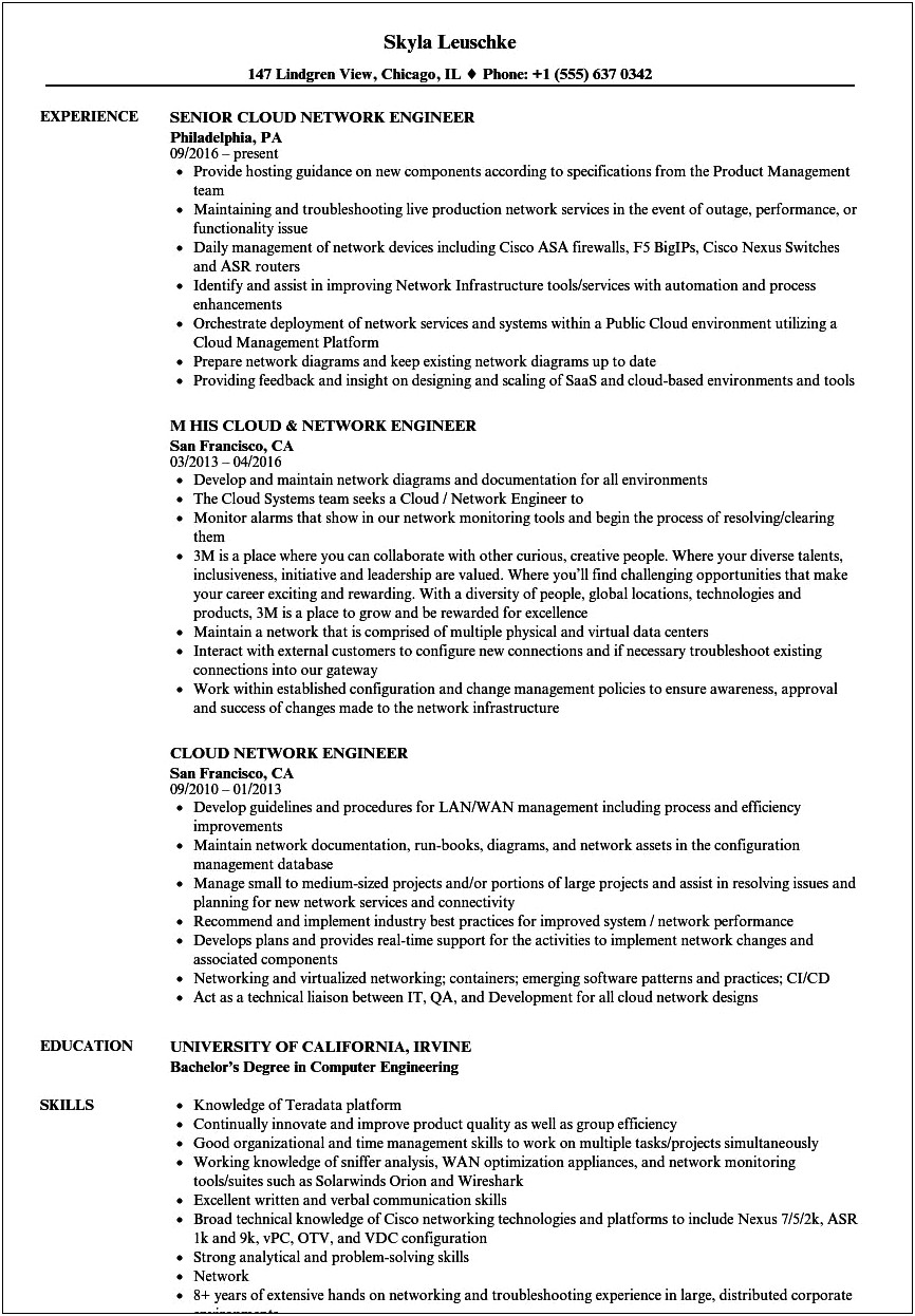 Resume Experience Examples Networking Engineer