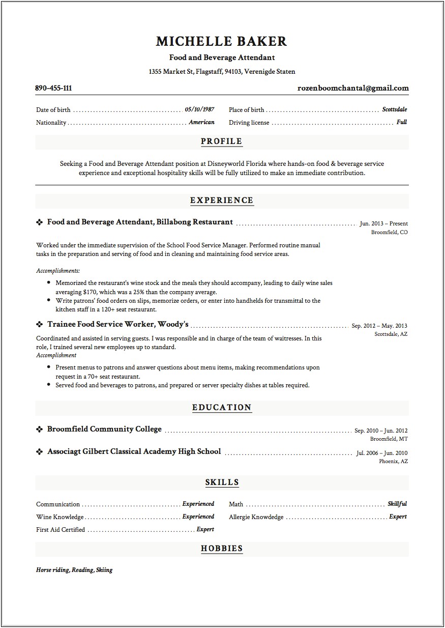 Resume Experience For Food And Beverage
