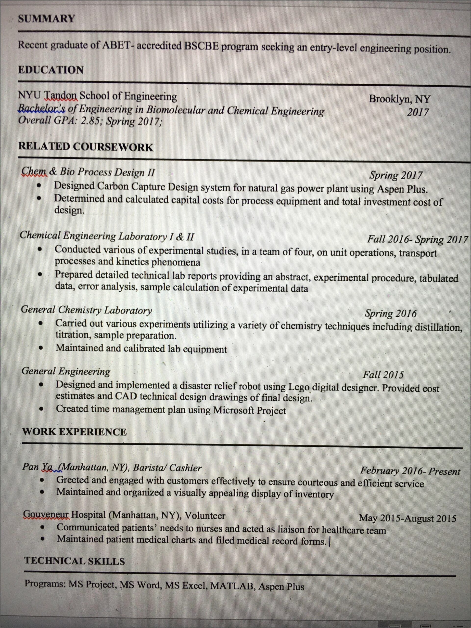 Resume Experience Of A Chemistry Majors