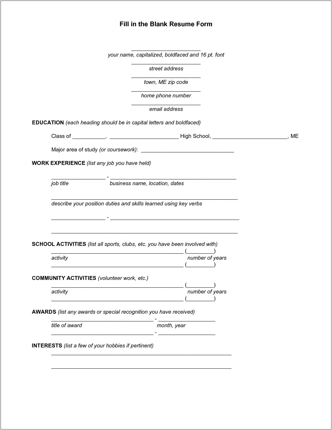 Resume Fill Up Form Free Download
