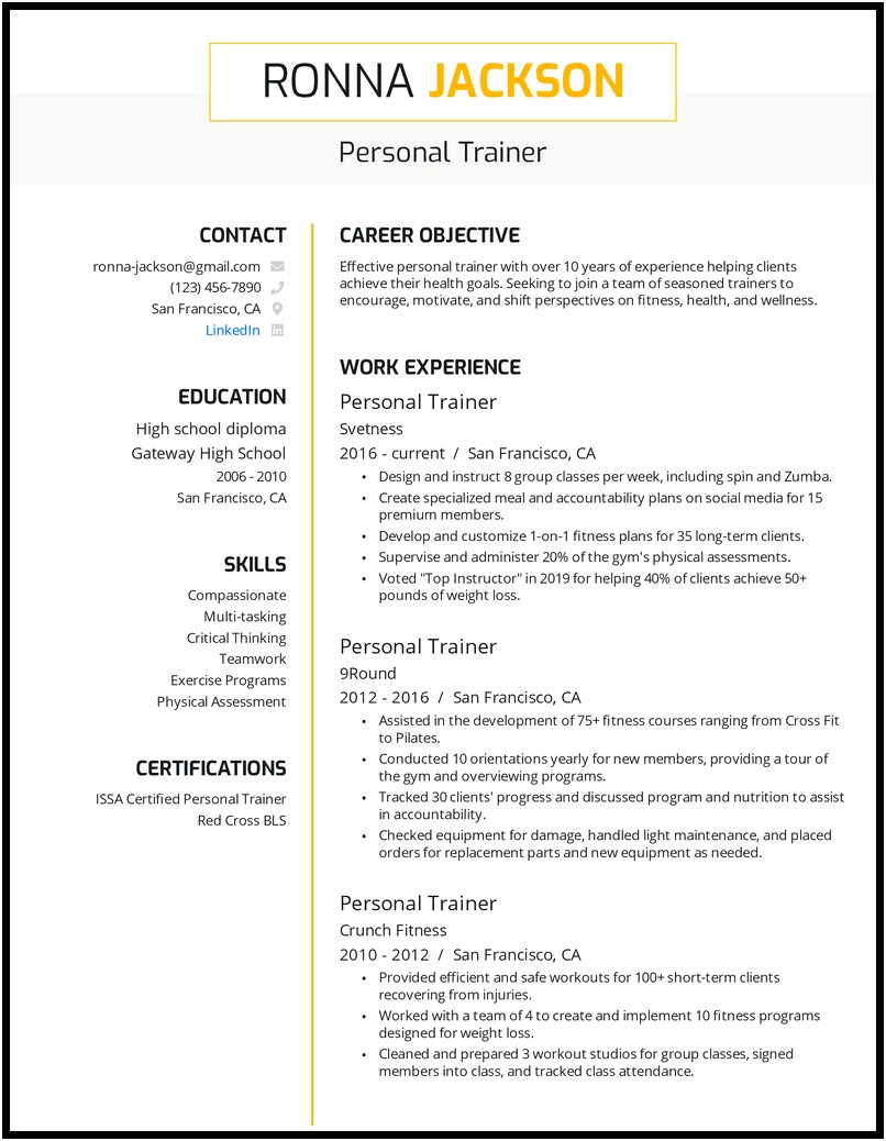 Resume Fitness Trainer Professional Sample