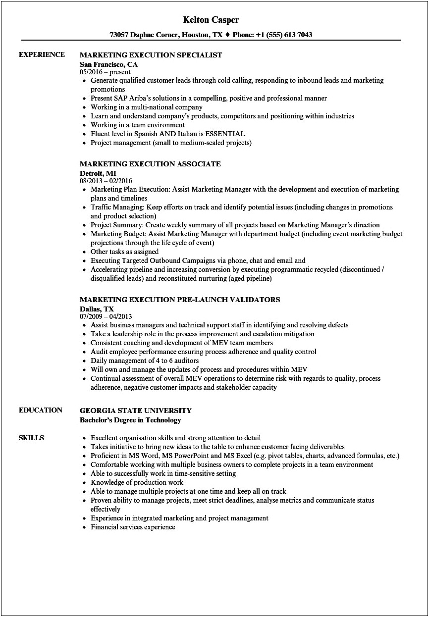 Resume For 1 Year Experience In Marketing