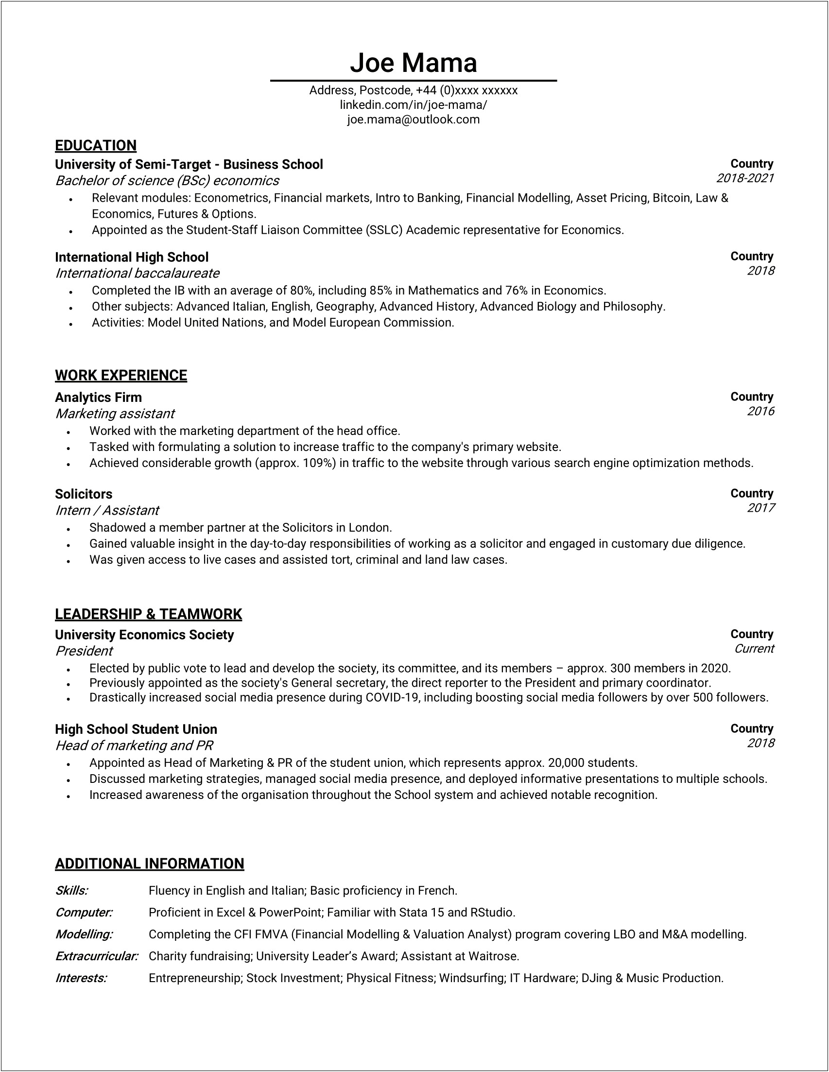 Resume For A High School Music Section Leader