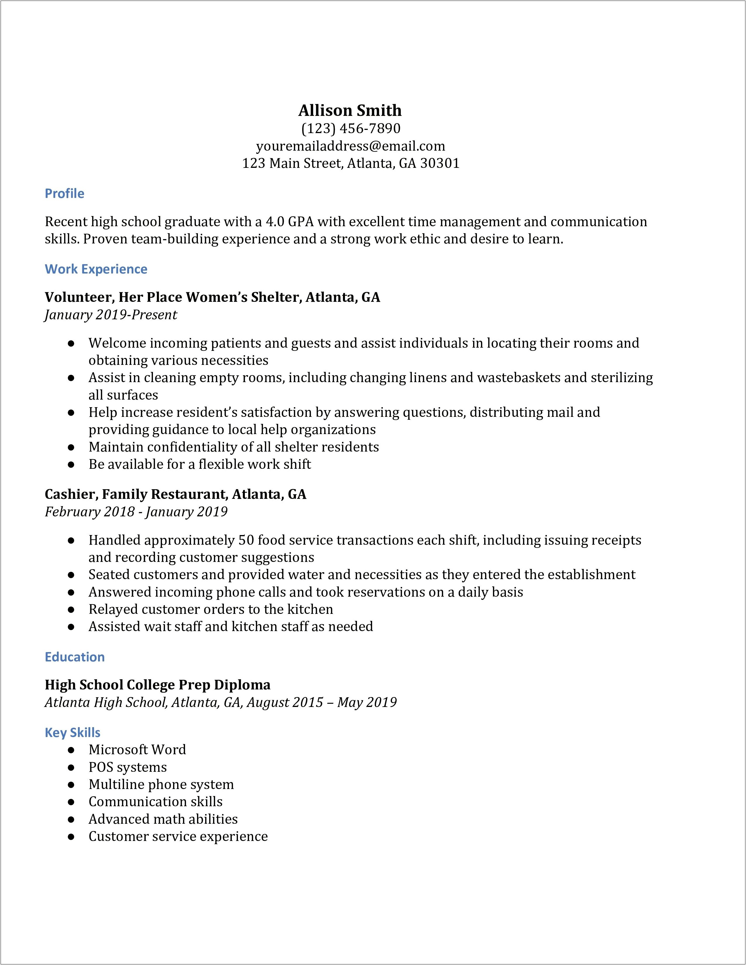 Resume For A High School Student First Job