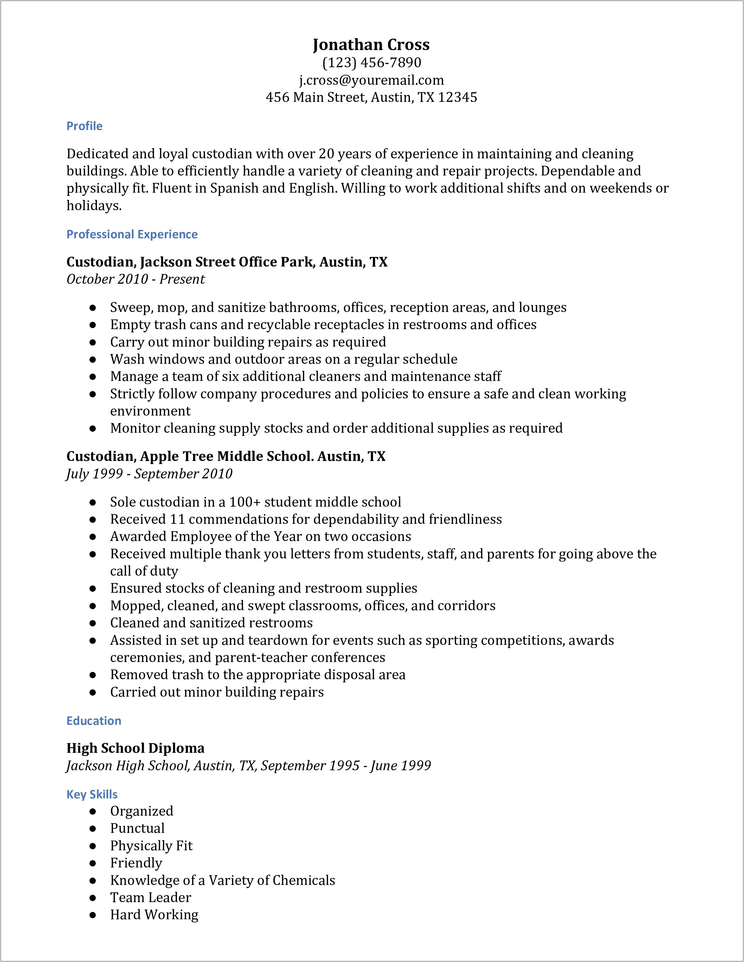 Resume For A Janitor Job