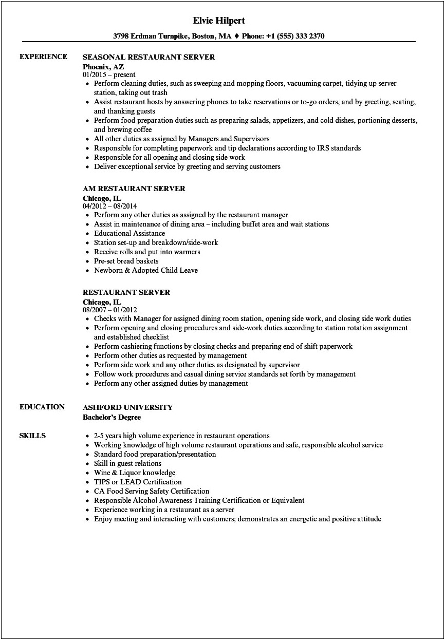 Resume For A Job In Restaurant