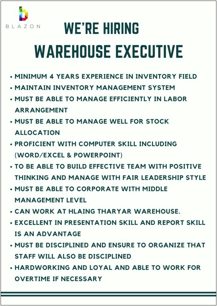 Resume For A Job In Warehouse
