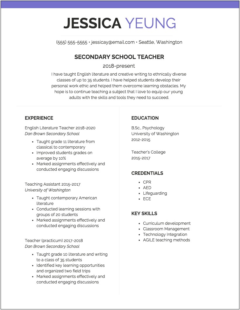 Resume For A Job Of Teacher