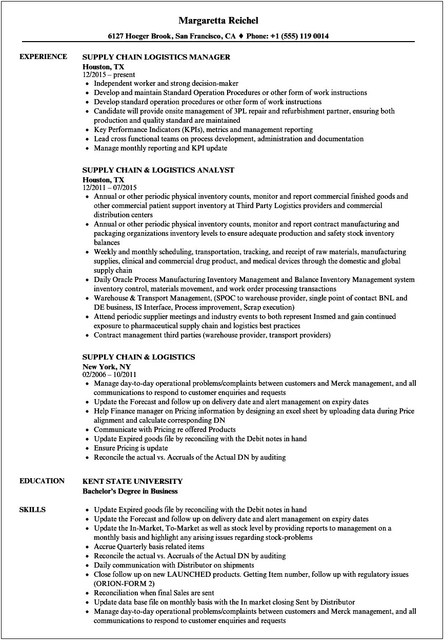 Resume For A Logistics Manager For Food Industry