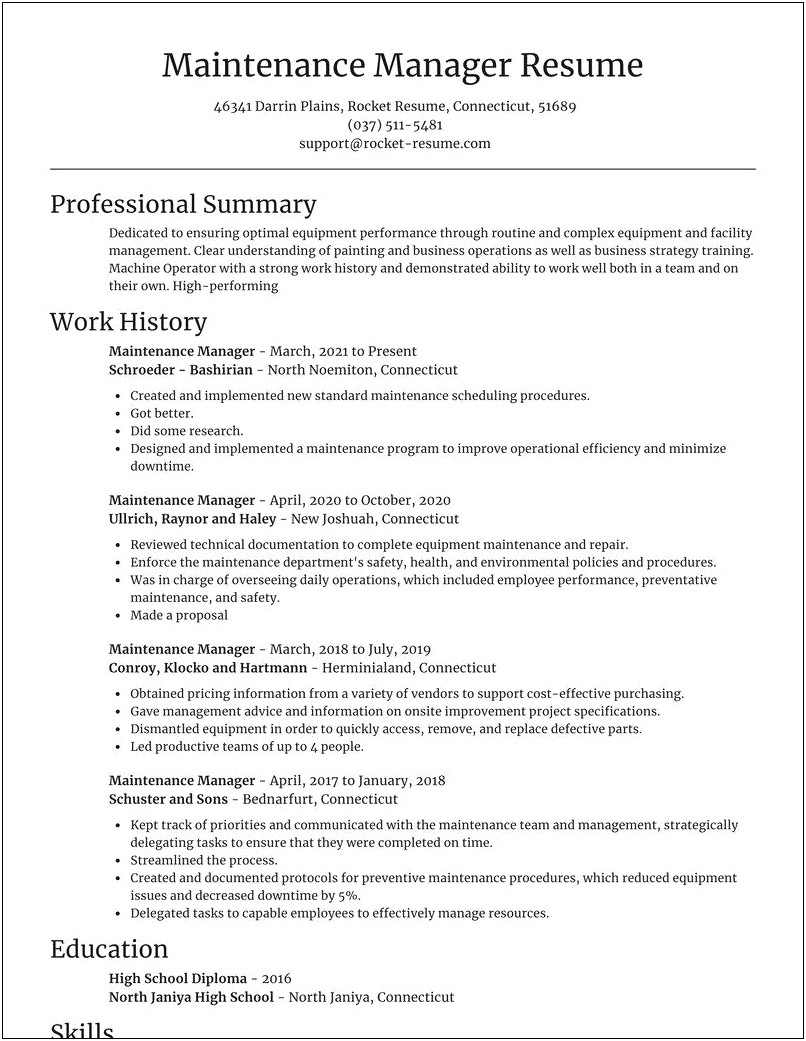 Resume For A Maintenance Manager