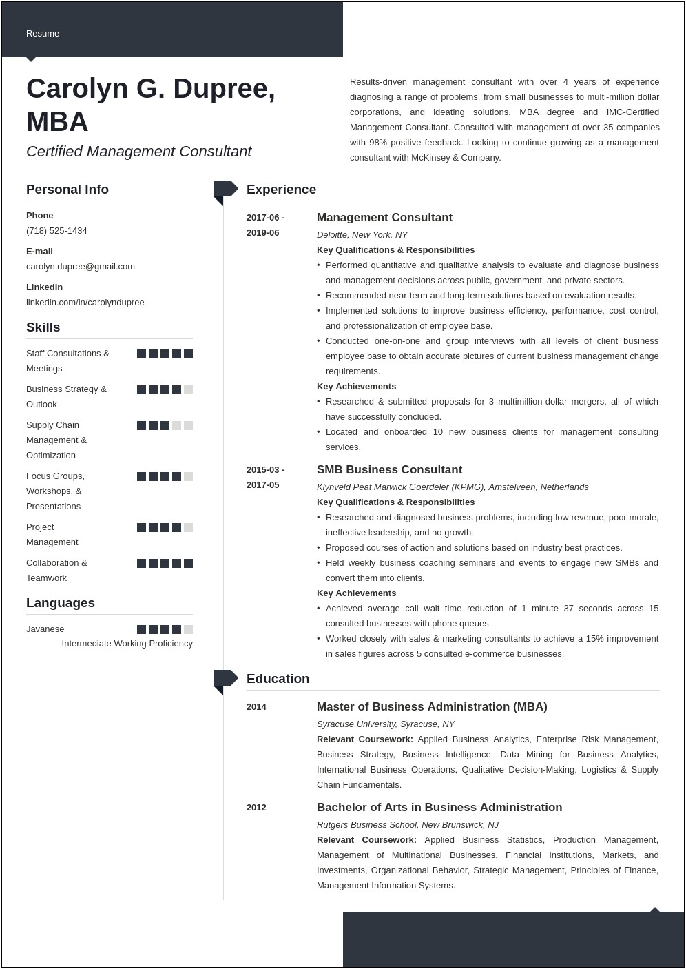 Resume For A Management Consultant
