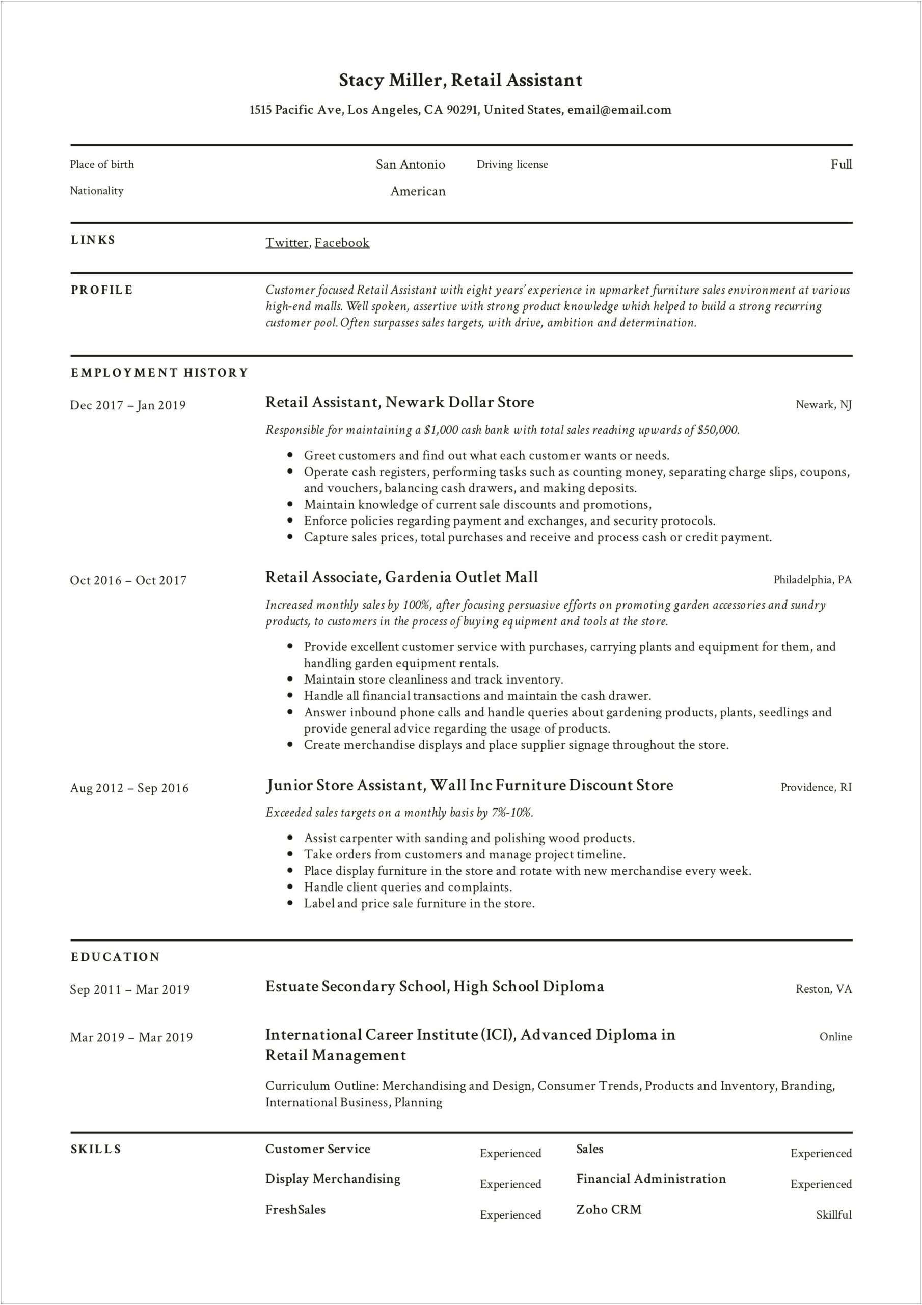Resume For A Retail Job Examples