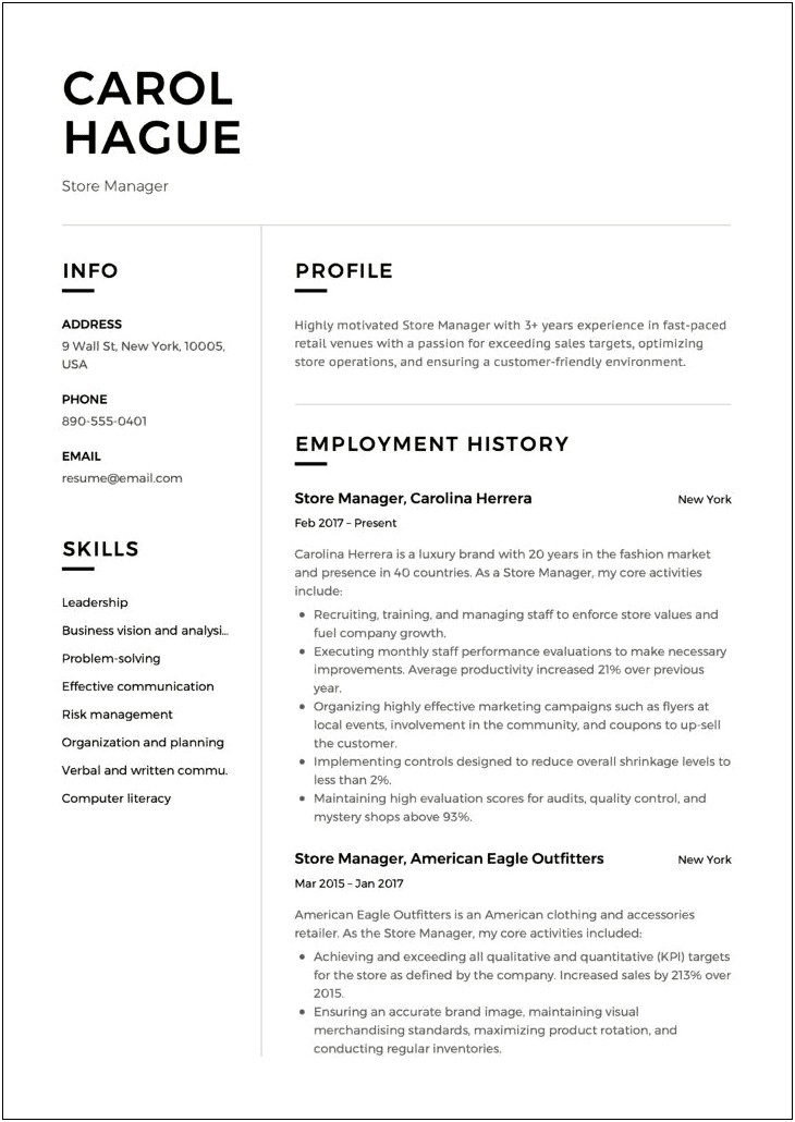 Resume For A Retain Manager