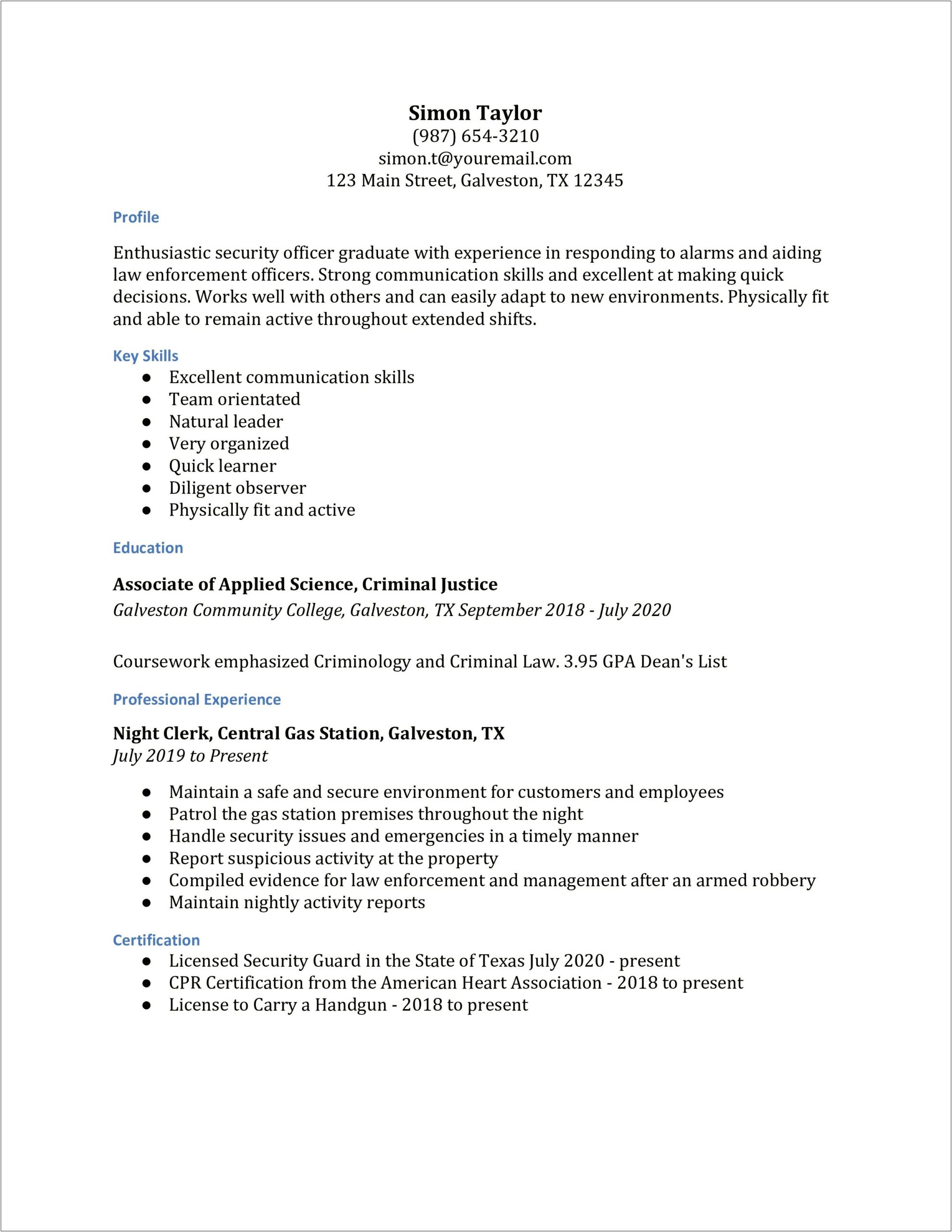 Resume For A Security Guard No Experience