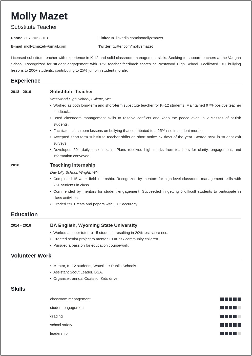 Resume For A Substitute Teacher With No Experience