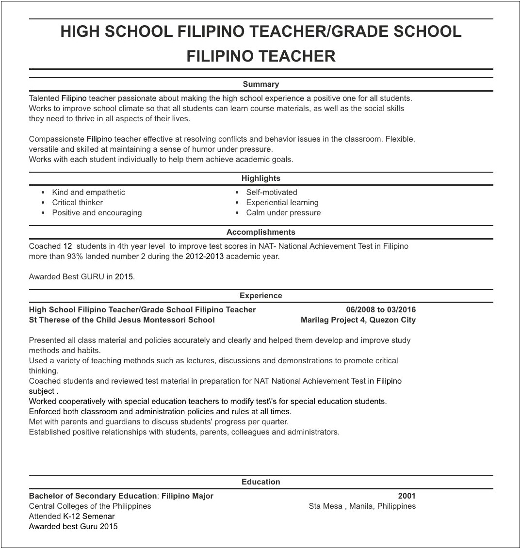 Resume For A Teaching Position Sample