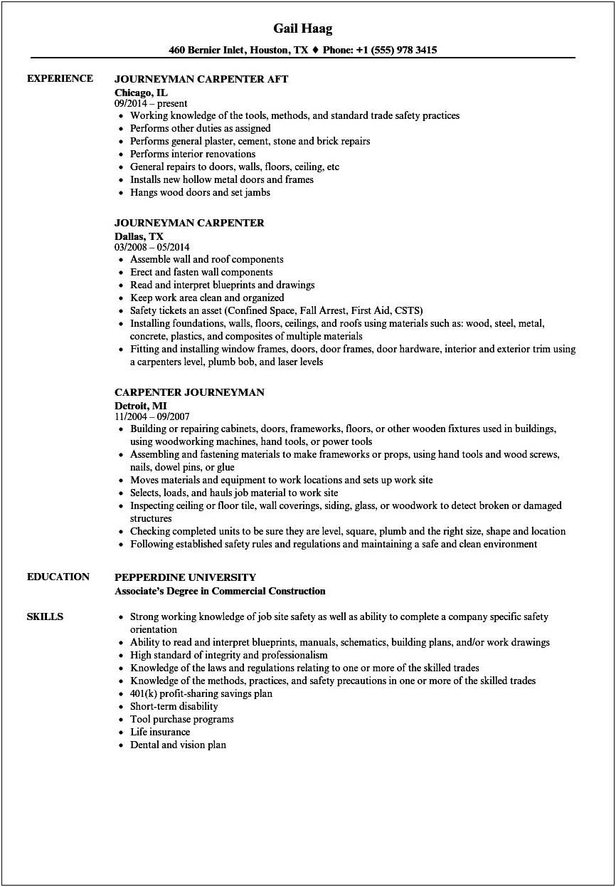 Resume For A Woodworker Skills